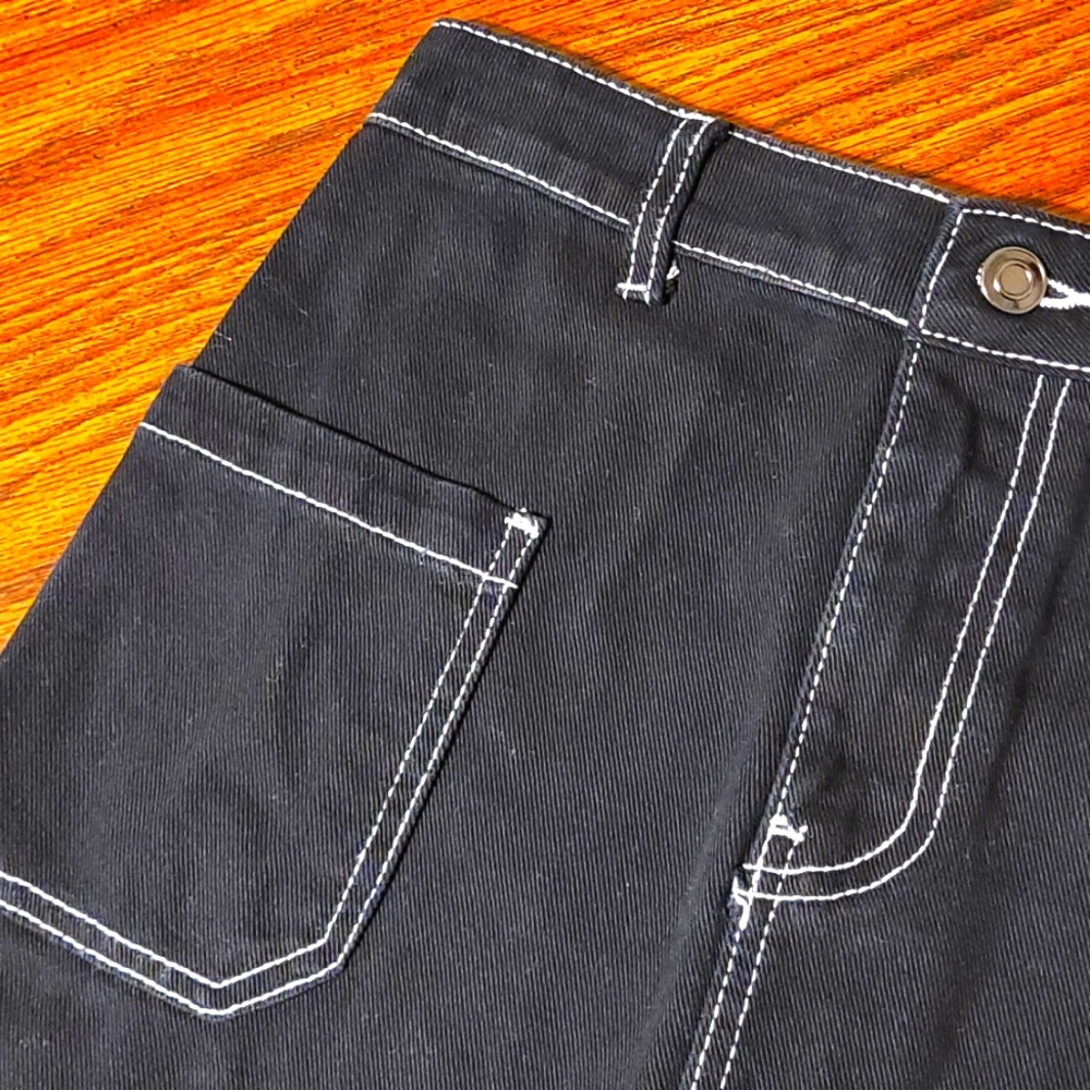 Black Denim Mini Skirt with White Thread Accent Detailing - Contrast - Picture 3 of 3